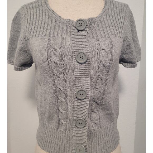VTG Y2K Mudd Cropped Cable Knit Cardigan Sweater Sz L Gray Twee Preppy Fisherman - Picture 3 of 7